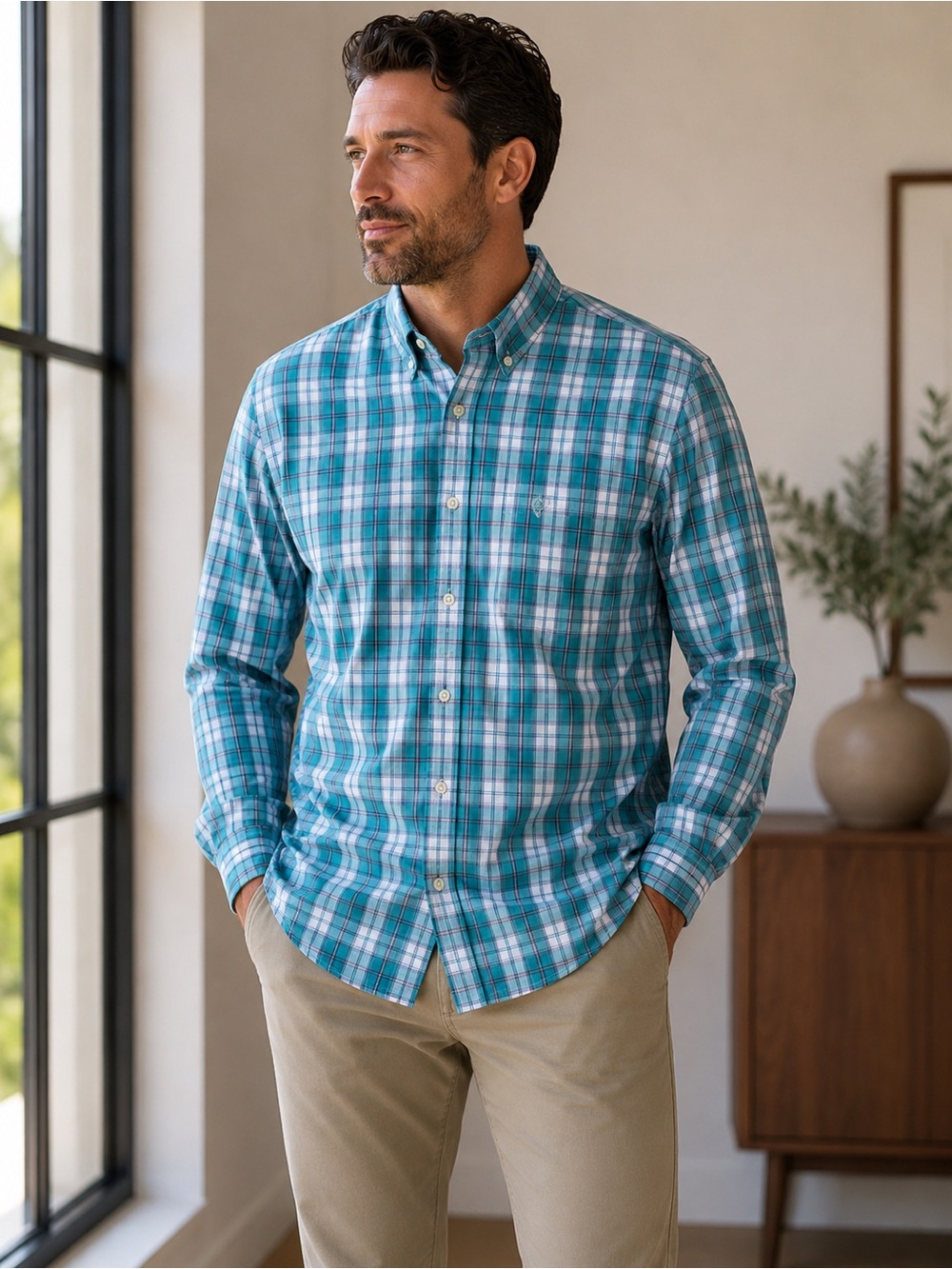 Chaps Men’s 2XB XXL Plaid Button Down Shirt Teal Blue Classic Fit Stretch